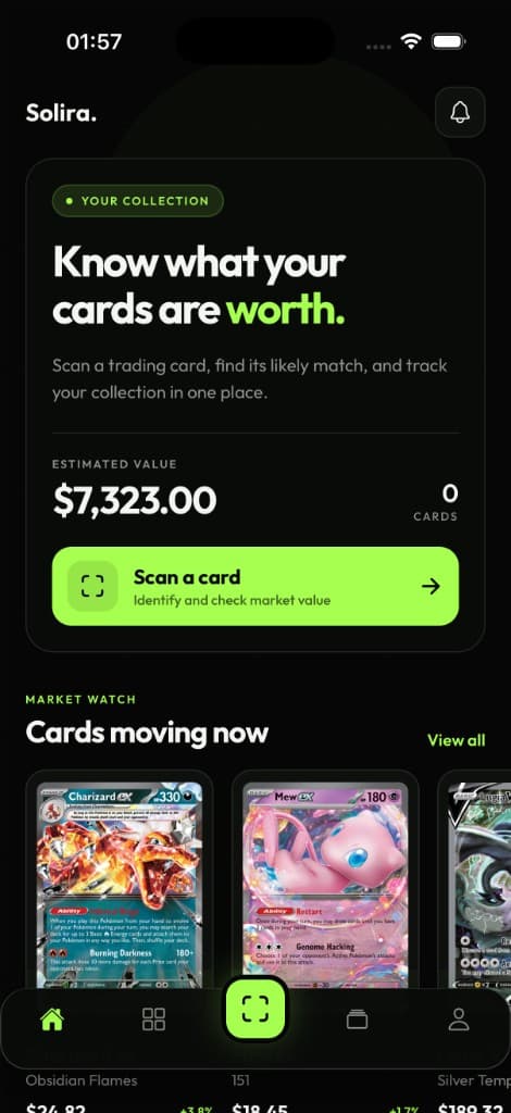 Solira home screen showing collection value, scan button, and market watch cards